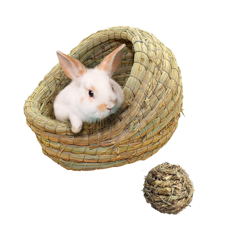 kathson Rabbit Grass House Bunny Woven Hay Bed Guinea Pig Hideout Hand Woven Natural Grass House for Hamster and Small Animals with Hay Chew Balls Toys - Image 1